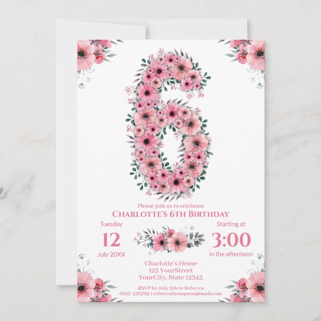 Big 6th Birthday Green Foliage Girl Pink Flowers Invitation (Front)