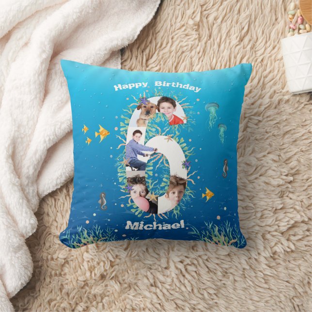 Big 6th Birthday Photo Collage Under The Sea Throw Pillow (Blanket)