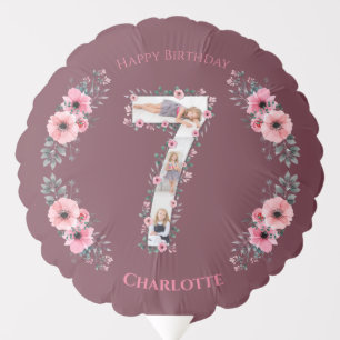 Big 7th Birthday Girl Photo Collage Pink Flower Balloon