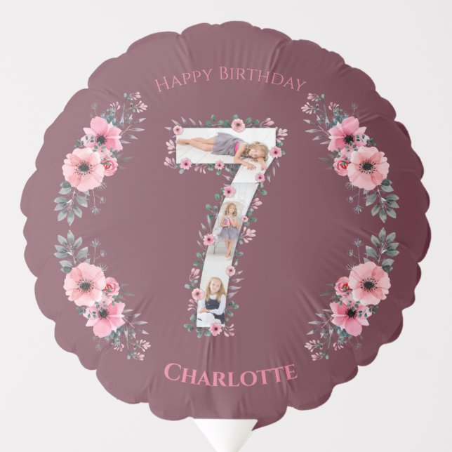 Big 7th Birthday Girl Photo Collage Pink Flower Balloon (Front)