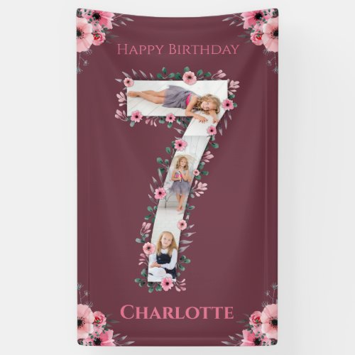 Big 7th Birthday Girl Photo Collage Pink Flower Banner