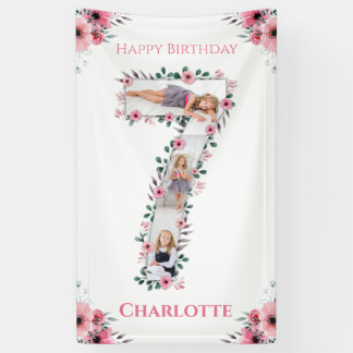 Big 7th Birthday Girl Photo Collage Pink Flower Banner