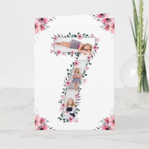 Big 7th Birthday Girl Photo Collage Pink Flower Card