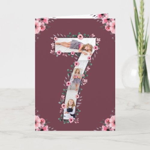 Big 7th Birthday Girl Photo Collage Pink Flower Card