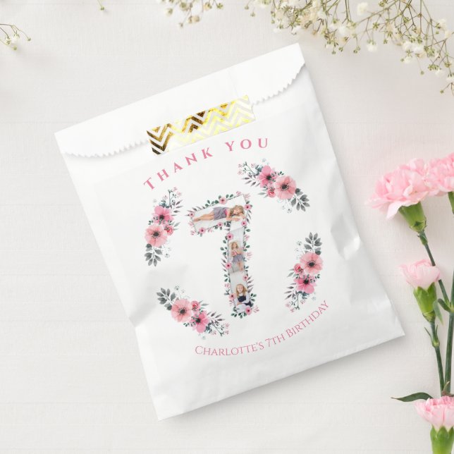Big 7th Birthday Girl Photo Collage Pink Flower Favor Bag (Sealed)