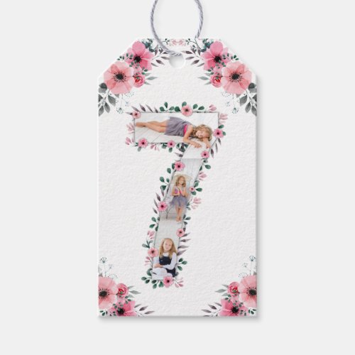 Big 7th Birthday Girl Photo Collage Pink Flower Gift Tags