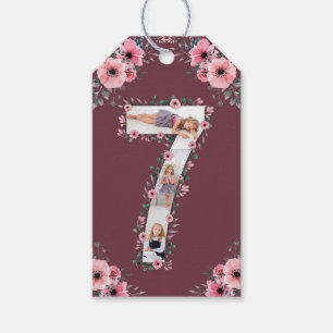 Big 7th Birthday Girl Photo Collage Pink Flower Gift Tags