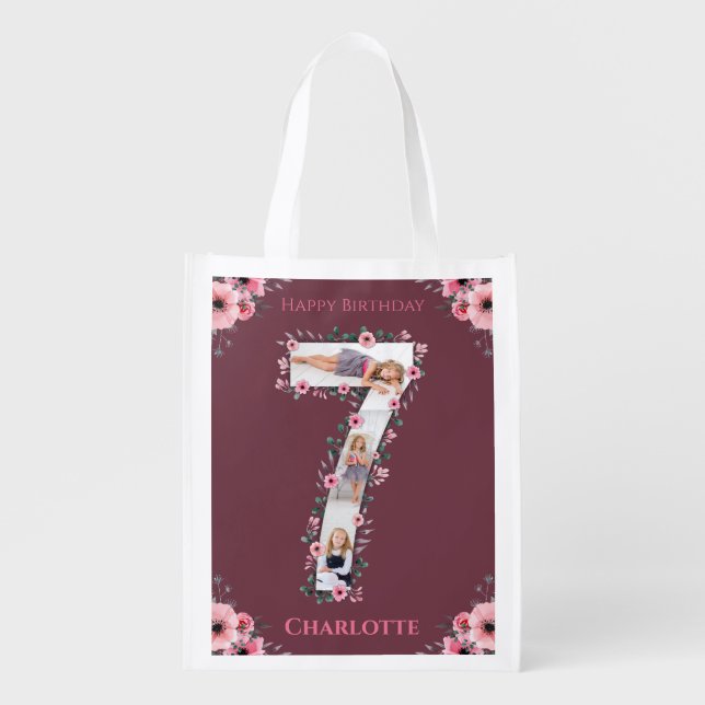 Big 7th Birthday Girl Photo Collage Pink Flower Grocery Bag (Front)