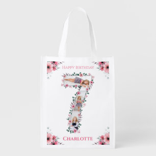 Big 7th Birthday Girl Photo Collage Pink Flower Grocery Bag