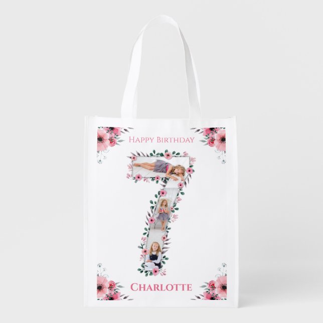 Big 7th Birthday Girl Photo Collage Pink Flower Grocery Bag (Front)