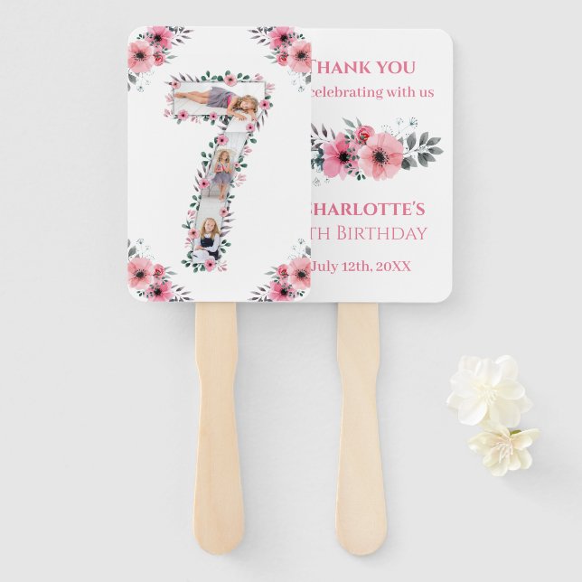 Big 7th Birthday Girl Photo Collage Pink Flower Hand Fan (Front and Back)
