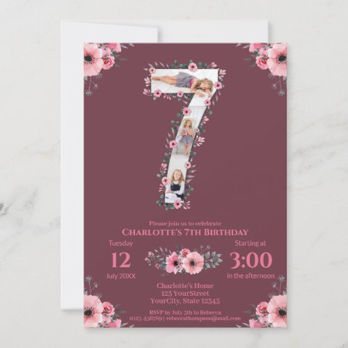 Big 7th Birthday Girl Photo Collage Pink Flower Invitation