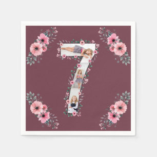 Big 7th Birthday Girl Photo Collage Pink Flower Napkins