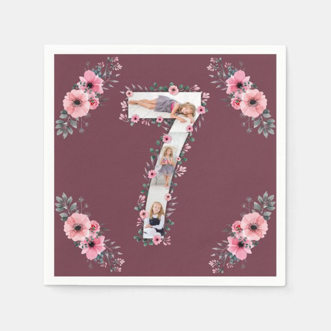 Big 7th Birthday Girl Photo Collage Pink Flower Napkins (Front)