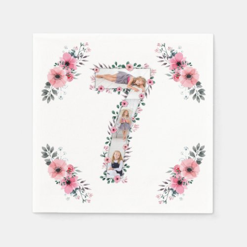 Big 7th Birthday Girl Photo Collage Pink Flower Napkins