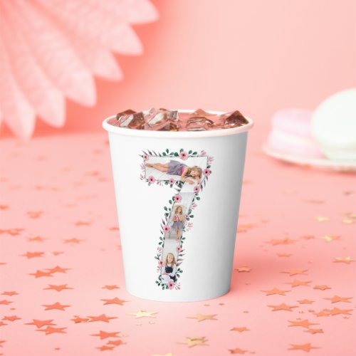 Big 7th Birthday Girl Photo Collage Pink Flower Paper Cups