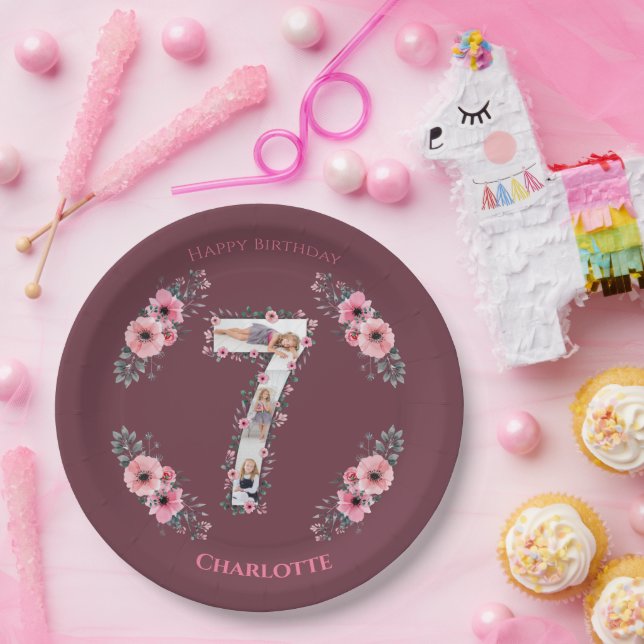 Big 7th Birthday Girl Photo Collage Pink Flower Paper Plates (Party)