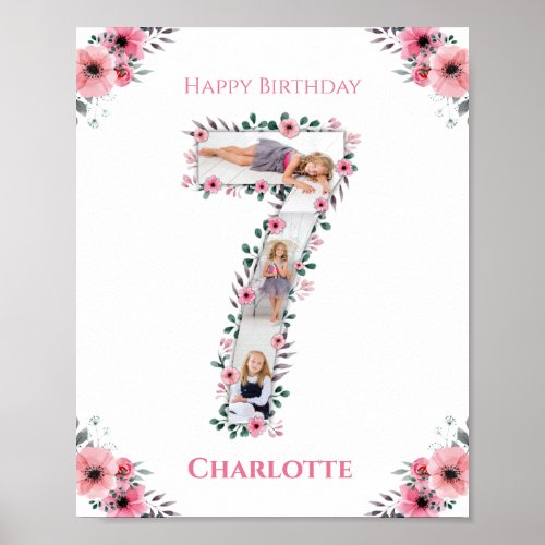 Big 7th Birthday Girl Photo Collage Pink Flower Poster