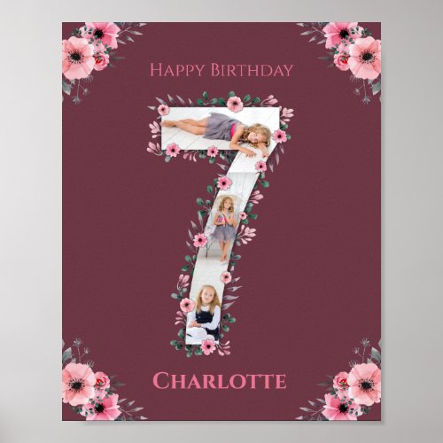 Big 7th Birthday Girl Photo Collage Pink Flower Poster