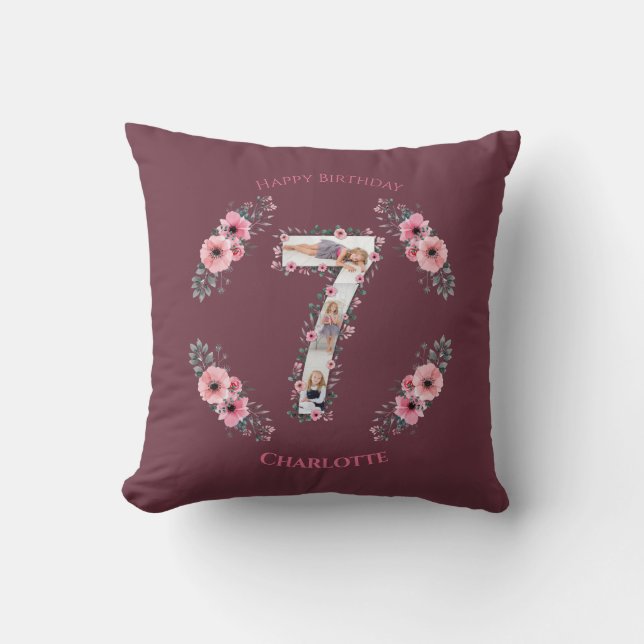 Big 7th Birthday Girl Photo Collage Pink Flower Throw Pillow (Front)