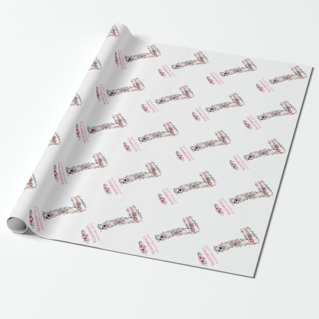 Big 7th Birthday Girl Photo Collage Pink Flower Wrapping Paper (Unrolled)