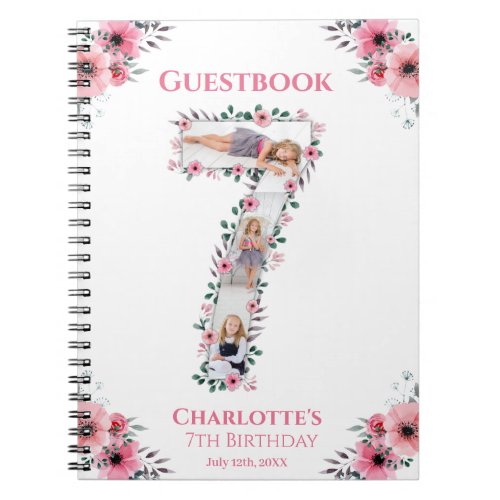 Big 7th Birthday Girl Photo Pink Flower Guest Book