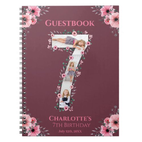 Big 7th Birthday Girl Photo Pink Flower Guest Book