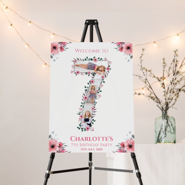 Big 7th Birthday Girl Photo Pink Flower Welcome Foam Board (In Situ (Stand))