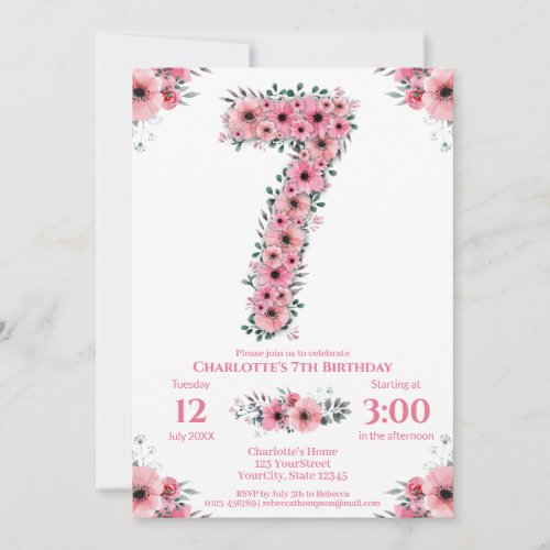 Big 7th Birthday Green Foliage Girl Pink Flowers Invitation