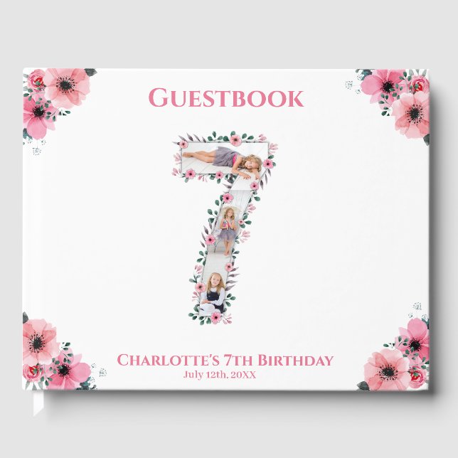 Big 7th Birthday Photo Collage Flower Girl White Guest Book (Front)