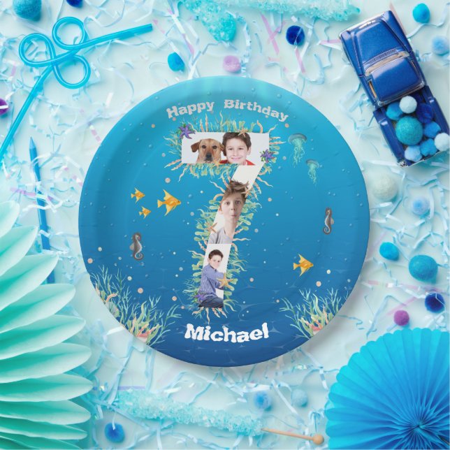 Big 7th Birthday Photo Collage Under The Sea Paper Plates (Party)