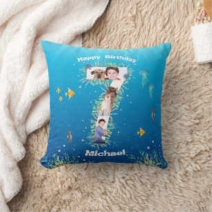 Big 7th Birthday Photo Collage Under The Sea Throw Pillow