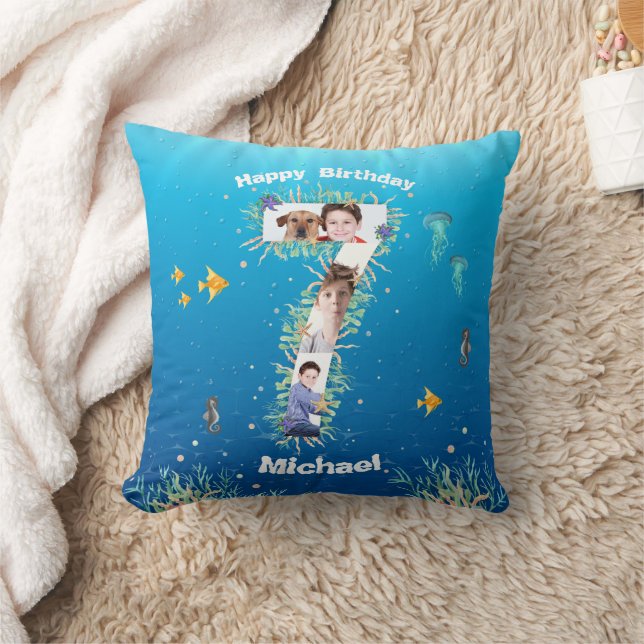 Big 7th Birthday Photo Collage Under The Sea Throw Pillow (Blanket)