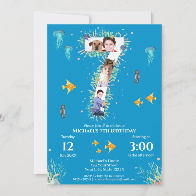 Big 7th Photo Collage Birthday Under The Sea Invitation (Front)