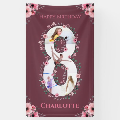 Big 8th Birthday Girl Photo Collage Pink Flower Ba Banner