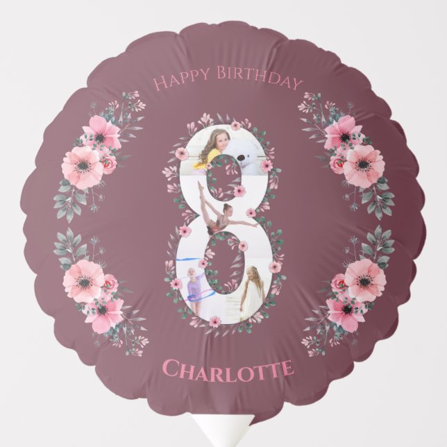 Big 8th Birthday Girl Photo Collage Pink Flower Balloon (Front)