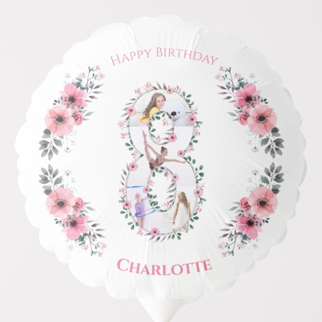 Big 8th Birthday Girl Photo Collage Pink Flower Balloon (Front)