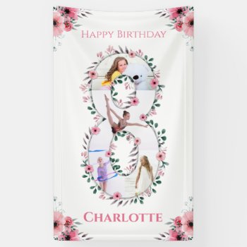 Big 8th Birthday Girl Photo Collage Pink Flower Banner by SorayaShanCollection at Zazzle