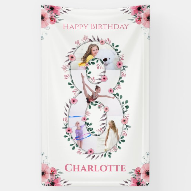 Big 8th Birthday Girl Photo Collage Pink Flower Banner (Vertical)