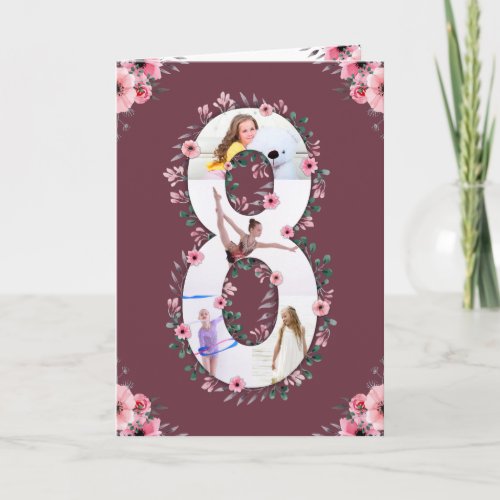 Big 8th Birthday Girl Photo Collage Pink Flower Card