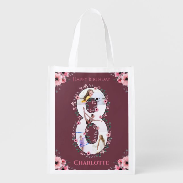 Big 8th Birthday Girl Photo Collage Pink Flower Grocery Bag (Front)