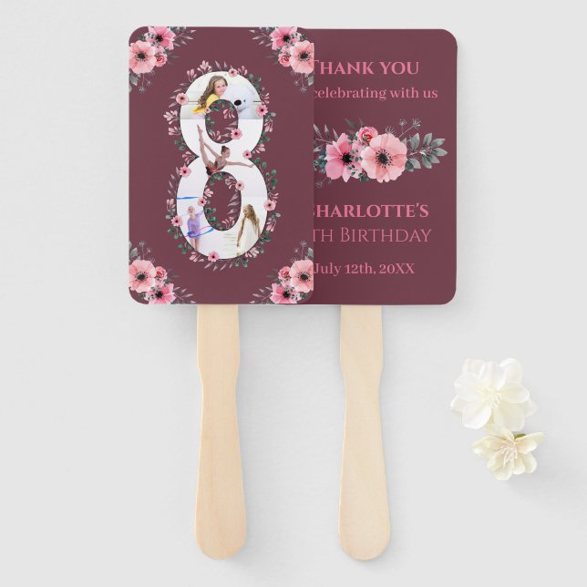 Big 8th Birthday Girl Photo Collage Pink Flower Hand Fan (Front and Back)