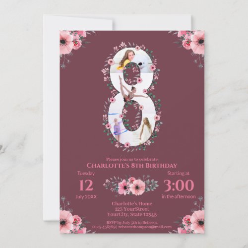 Big 8th Birthday Girl Photo Collage Pink Flower Invitation