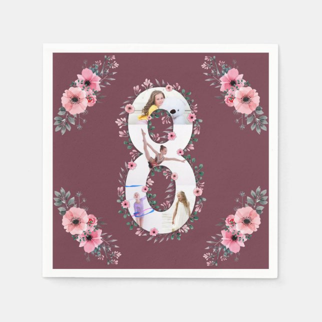 Big 8th Birthday Girl Photo Collage Pink Flower Napkins (Front)