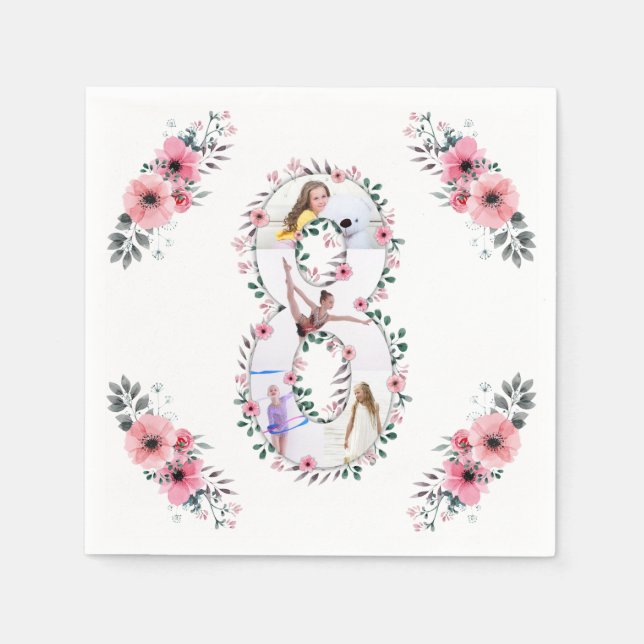 Big 8th Birthday Girl Photo Collage Pink Flower Napkins (Front)