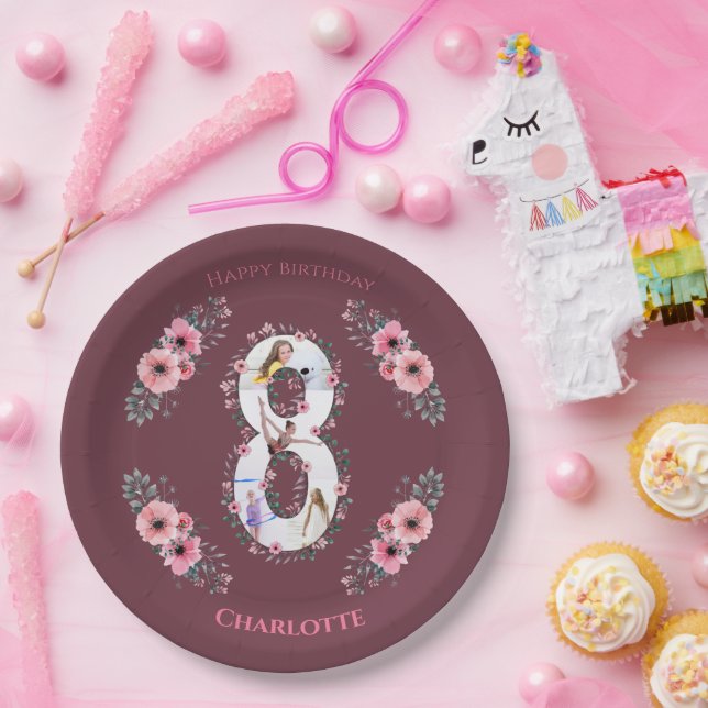 Big 8th Birthday Girl Photo Collage Pink Flower Paper Plates (Party)