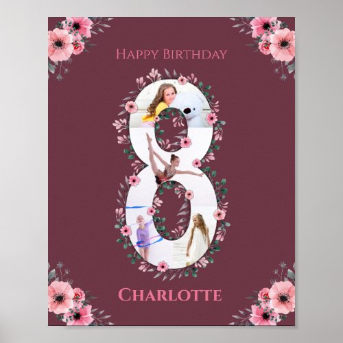 Big 8th Birthday Girl Photo Collage Pink Flower Poster