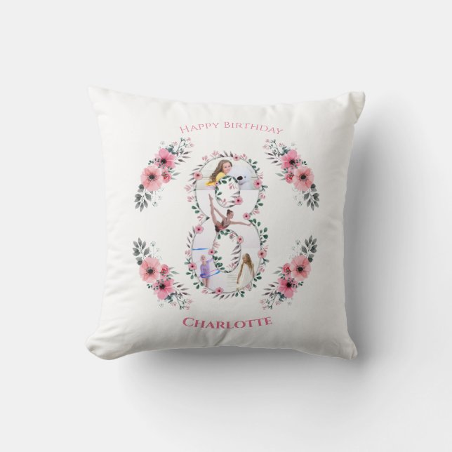 Big 8th Birthday Girl Photo Collage Pink Flower Throw Pillow (Front)