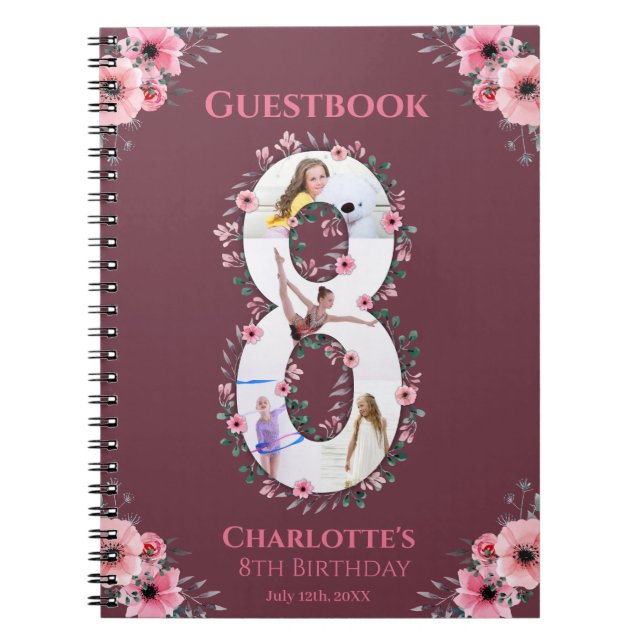 Big 8th Birthday Girl Photo Pink Flower Guest Book (Front)