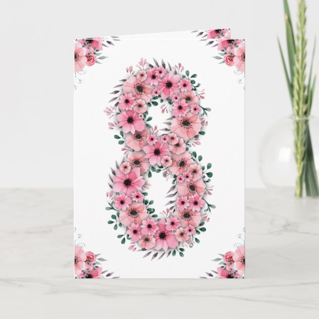 Big 8th Birthday Girl Pink Flowers Green Foliage Card (Front)